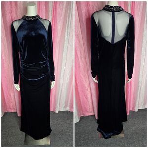Vince Camuto Velvet Exquisite Navy Mesh Rhinestone Collar Cocktail Gown Size 12
